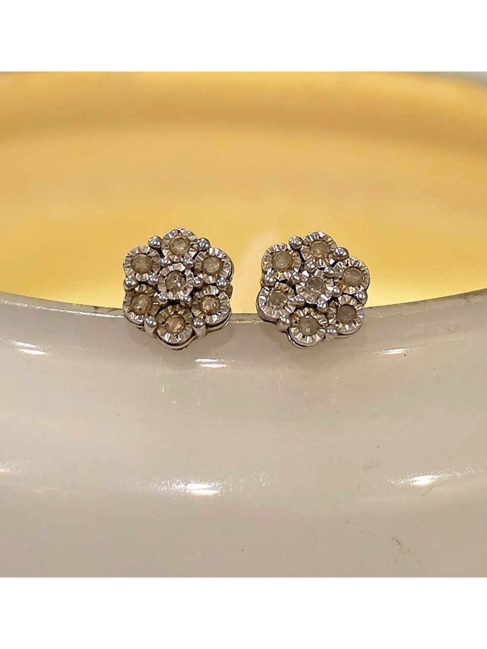 Vintage Sterling Silver Flower Diamond Cluster Tiny Stud Earrings